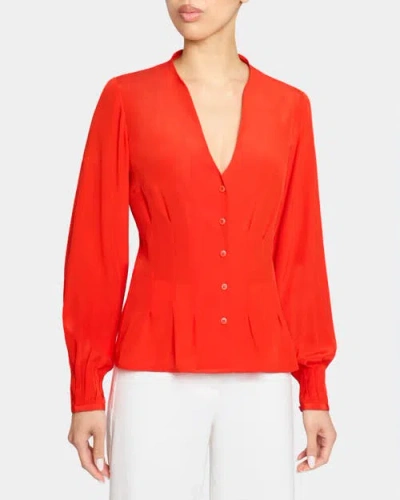 Santorelli Winnie Long Sleeve Buttoned Blouse In Silk Crepe De Chine In Red