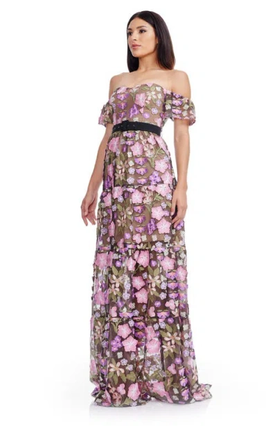 Dress The Population Lara Floral Embroidered Off The Shoulder Gown In Multi