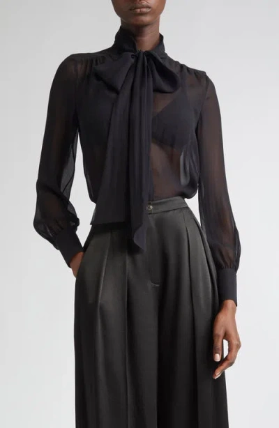 Michael Kors Collection Tie Neck Washed Silk Chiffon Top In Black