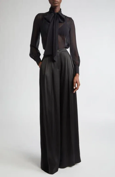 Michael Kors Collection Tie Neck Washed Silk Chiffon Top In Black