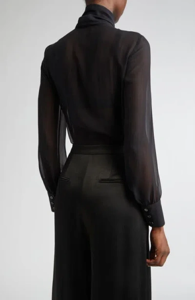Michael Kors Collection Tie Neck Washed Silk Chiffon Top In Black