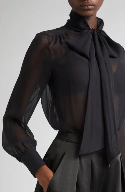 Michael Kors Collection Tie Neck Washed Silk Chiffon Top In Black
