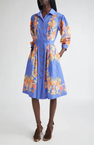 Etro Floral Print Cotton Poplin Shirtdress In Blue