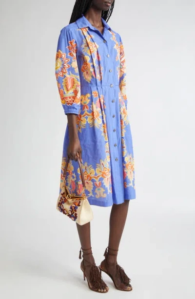 Etro Floral Print Cotton Poplin Shirtdress In Blue