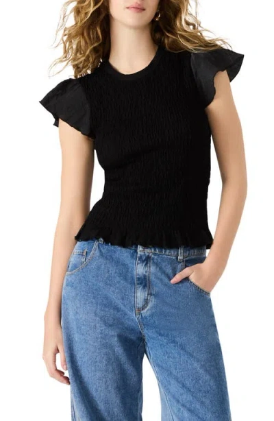 Steve Madden Cecilie Smocked Ruffle Cotton Sleeve Top In Black