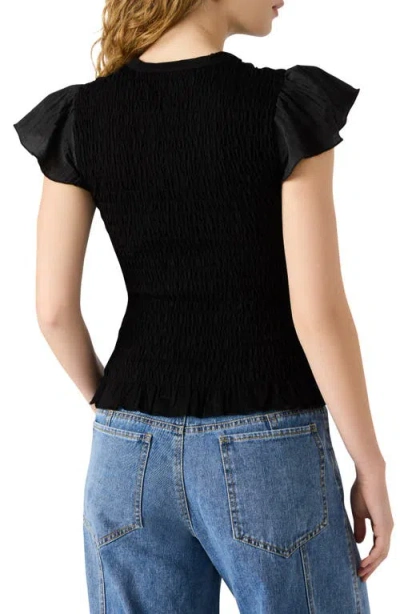 Steve Madden Cecilie Smocked Ruffle Cotton Sleeve Top In Black