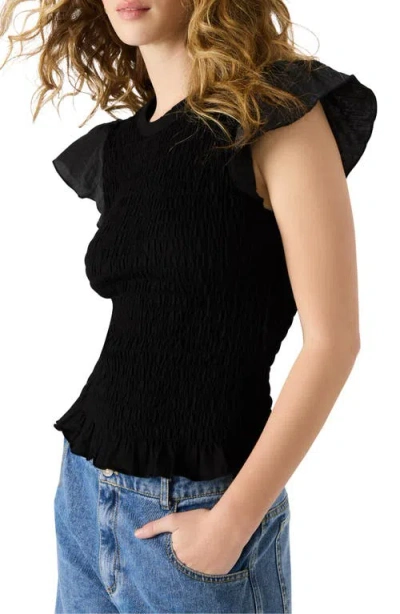 Steve Madden Cecilie Smocked Ruffle Cotton Sleeve Top In Black