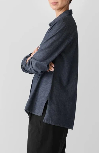 Eileen Fisher Classic Long Sleeve Organic Cotton Chambray Button-up Shirt In Blue