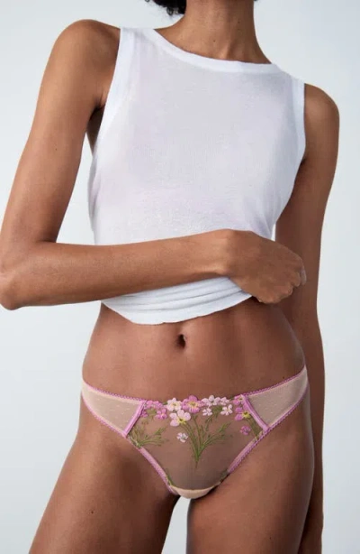 Etam Douceur Embroidered Tulle Thong In Pink