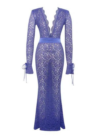 Miss Circle New York Women's Blue Giada Navy Lace Deep V Long Sleeve Maxi Dress