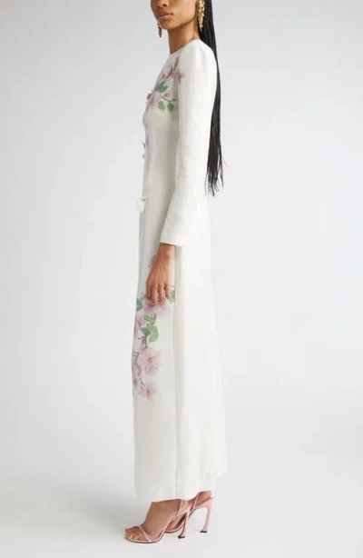 Oscar De La Renta Cherry Blossom Long Sleeve Sequin Jersey Column Gown