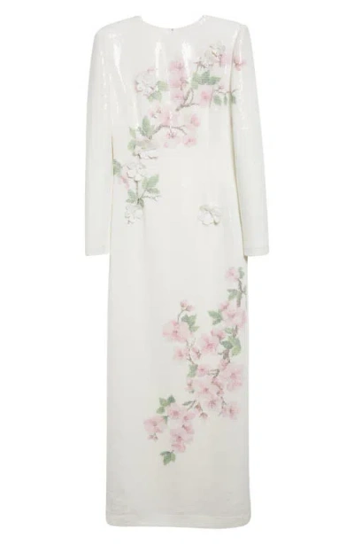 Oscar De La Renta Cherry Blossom Long Sleeve Sequin Jersey Column Gown