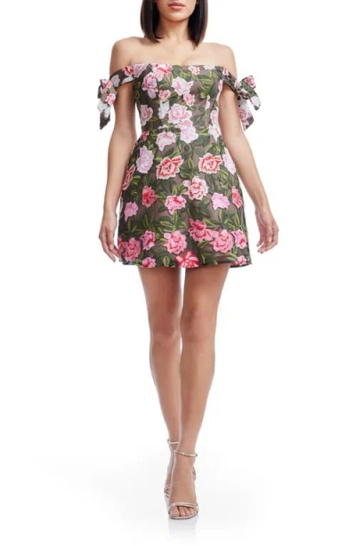 Dress The Population Meris Floral Embroidered Off The Shoulder Minidress In Multi