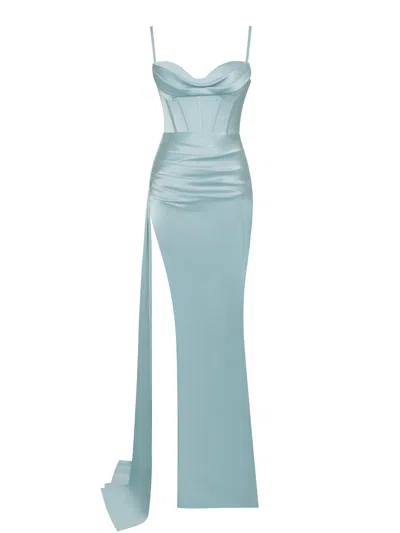 Miss Circle New York Women's Elayna Pale Blue Strappy Satin Corset High Slit Gown