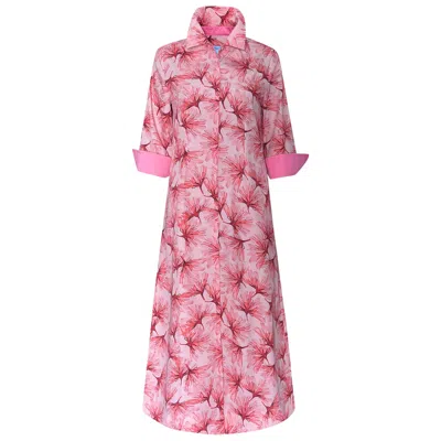 Perlavera Women's White / Pink Neo Allium Flowers Three Quarter Sleeve Length Maxi Slim Fit Dress In Pink