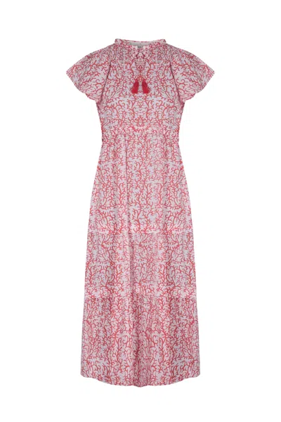 La Mandarine Women's White Cotton Maxi Dress, Boho Beach Dress, Coral Print Cotton Summer Maxi Dress With Pockets