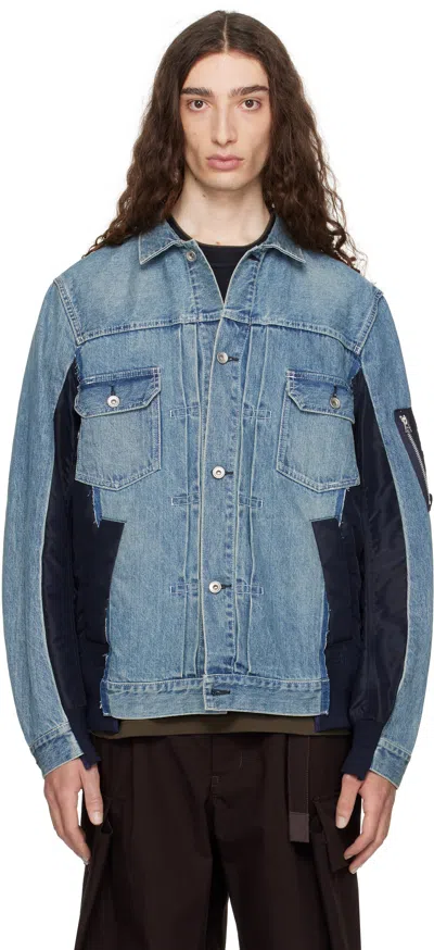 Sacai Blue Nylon Twill & Denim Jacket In Blue