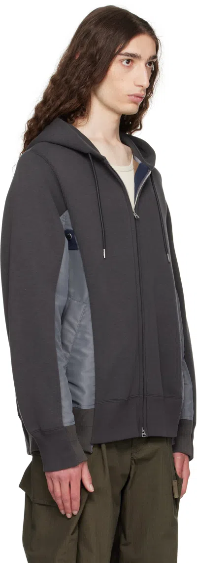 Sacai Mens C Gray X C Gray Contrast-panel Woven Hoody In Black
