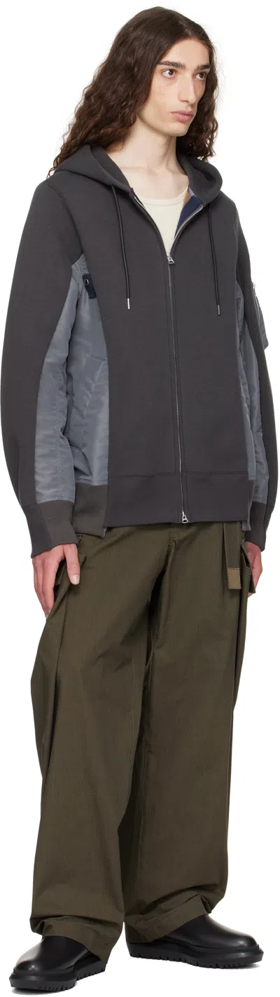 Sacai Mens C Gray X C Gray Contrast-panel Woven Hoody In Black