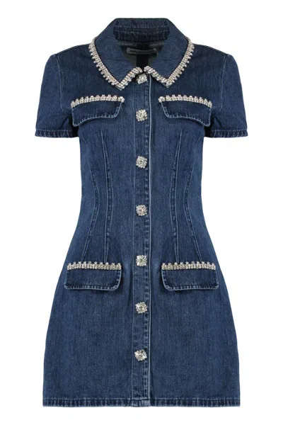 Self-portrait Blue Mini Dress With Rhinestoned Collar And Jewel Buttons With Crystals In Denim Woman