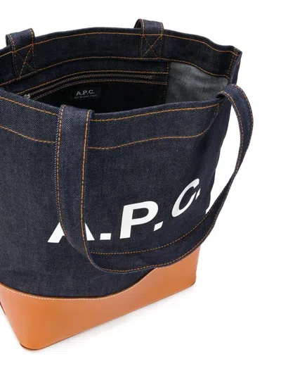 Apc 'axel' Blue And Brown Handbag  With Logo Print In Denim Woman