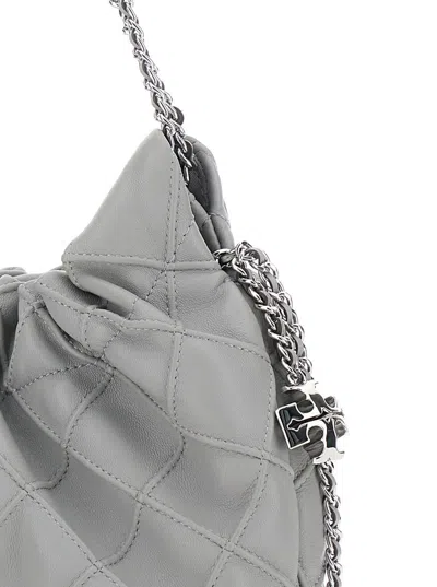 Tory Burch 'fleming' Grey Shoulder Bag With Chain-link Shoulder Strap And Double T Motif In Grained Leather Wom