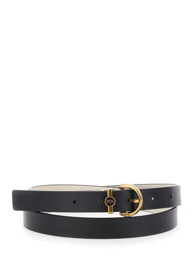 Pinko 'love Berry' White And Black Belt With Reversible Design And Logo Buckle In Leather Woman