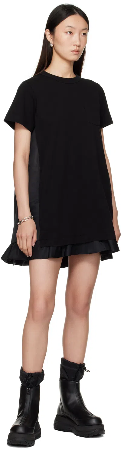 Sacai Black Nylon Twill & Cotton Jersey Minidress