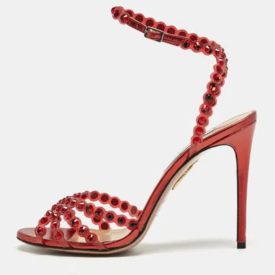 Pre-owned Aquazzura Red Pvc Crystal Embellished Tequila Sandals Size 39.5