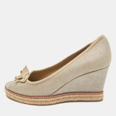 Pre-owned Tory Burch Grey Canvas Jackie Bow Peep Toe Wedge Espadrille Pumps Size 40 In Gray