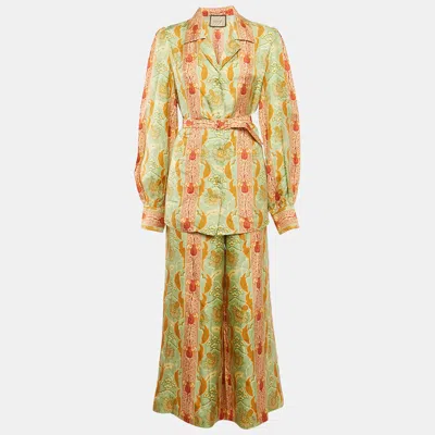 Pre-owned Gucci Green/orange Floral Print Silk Shirt And Pants Set L