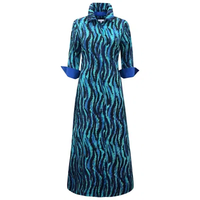 Perlavera Women's Black / Blue Claire Tide Blue Cotton Printed, Slim, Three Quarter Maxi Dress