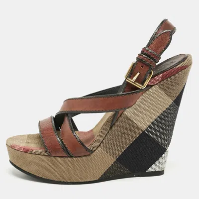 Pre-owned Burberry Brown Leather And Nova Check Canvas Wedge Sandals Size 40