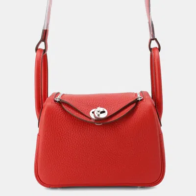 Pre-owned Hermes Lindy Mini Rouge Ladue Taurillon Clemence In Red