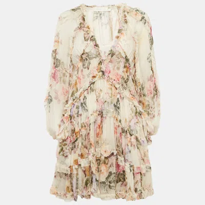 Pre-owned Zimmermann Beige Floral Print Silk Tiered Mini Dress S