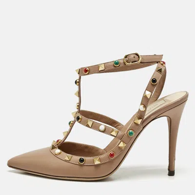 Pre-owned Valentino Garavani Beige Leather Rockstud Caged Ankle Strap Pumps Size 38 In Sand