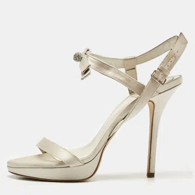 Pre-owned Dior Off White Satin Crystals Bow Ankle Strap Sandals Size 38