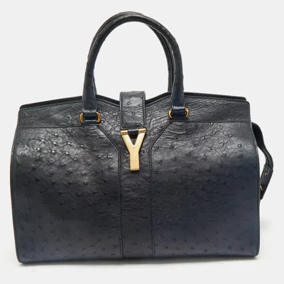 Pre-owned Saint Laurent Navy Blue Ostrich Medium Cabas Chyc Tote
