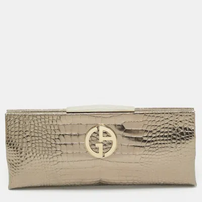 Pre-owned Giorgio Armani Gold Croc Embossed Patent Leather Frame Clutch