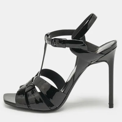 Pre-owned Saint Laurent Black Patent Leather Tribute Sandals Size 38