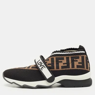 Pre-owned Fendi Black/brown Zucca Knit Fabric Rockoko Slip On Sneakers Size 37