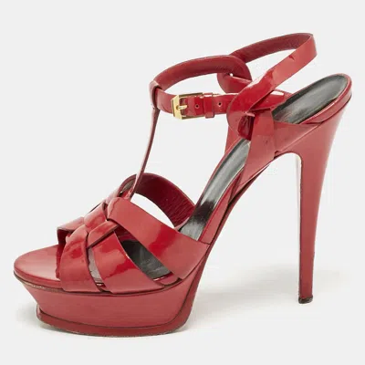 Pre-owned Saint Laurent Red Patent Leather Tribute Platform Sandals Size 38.5
