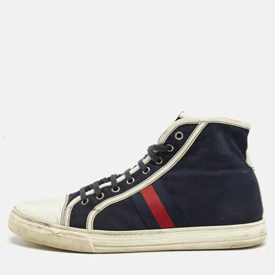 Pre-owned Gucci Navy Blue/white Canvas And Leather Web Detail High Top Sneakers Size 43