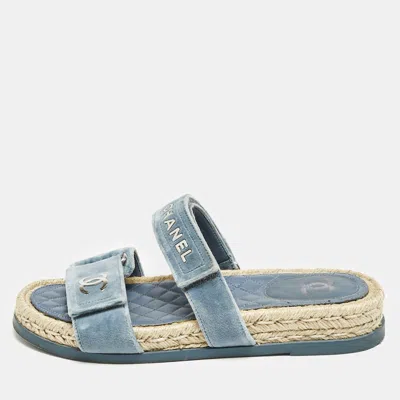 Pre-owned Chanel Blue Velvet Cc Espadrille Slide Sandals Size 38