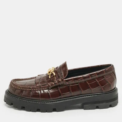 Pre-owned Celine Dark Brown Croc Embossed Leather Margaret Fringe Slip On Loafers Size 37
