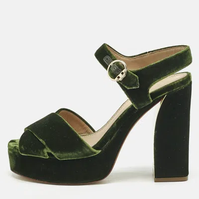 Pre-owned Tory Burch Green Velvet Platform Ankle Strap Sandals Size 38