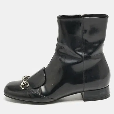 Pre-owned Gucci Black Patent Leather Horsebit Mid Calf Length Boots Size 36.5