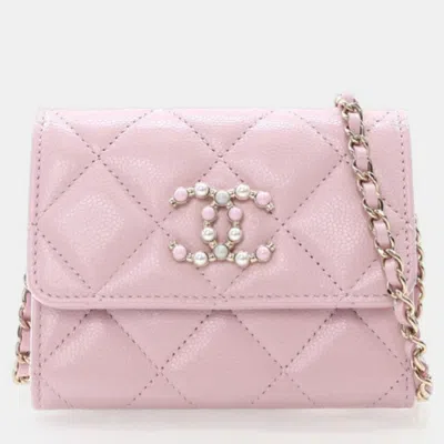 Pre-owned Chanel Pink Caviar Coco Candy Card Holder On Chain