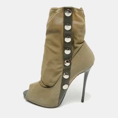 Pre-owned Giuseppe Zanotti Army Green Canvas And Mesh Peep Toe Booties Size 39