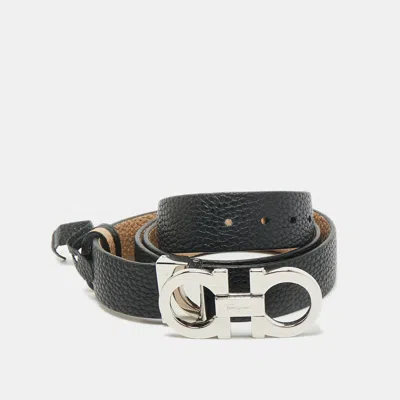 Pre-owned Ferragamo Black/beige Gancini Cut To Size Reversible Belt
